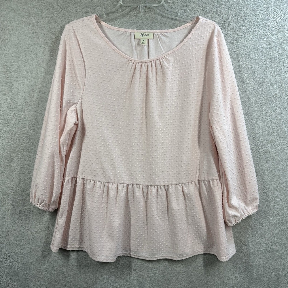 Style & Co Swiss Dot Peplum Blouse Women's XL Petal Pink 3/4 Balloon Sleeve